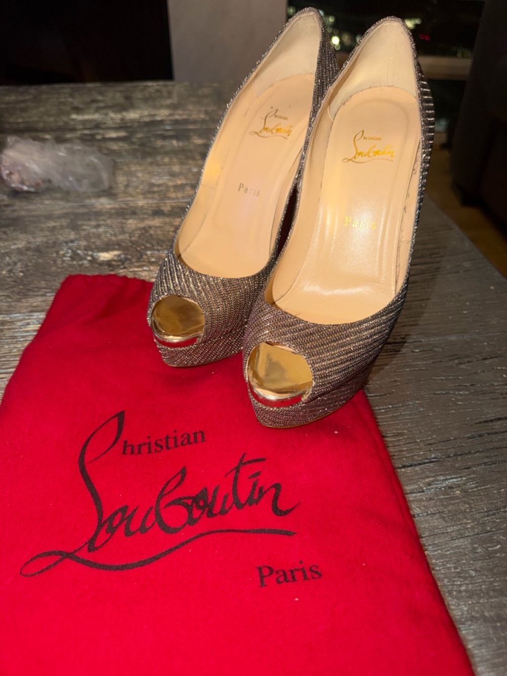 Christian Louboutin Metallic Brown Peep-Toe Pumps with Gold Toe Caps
